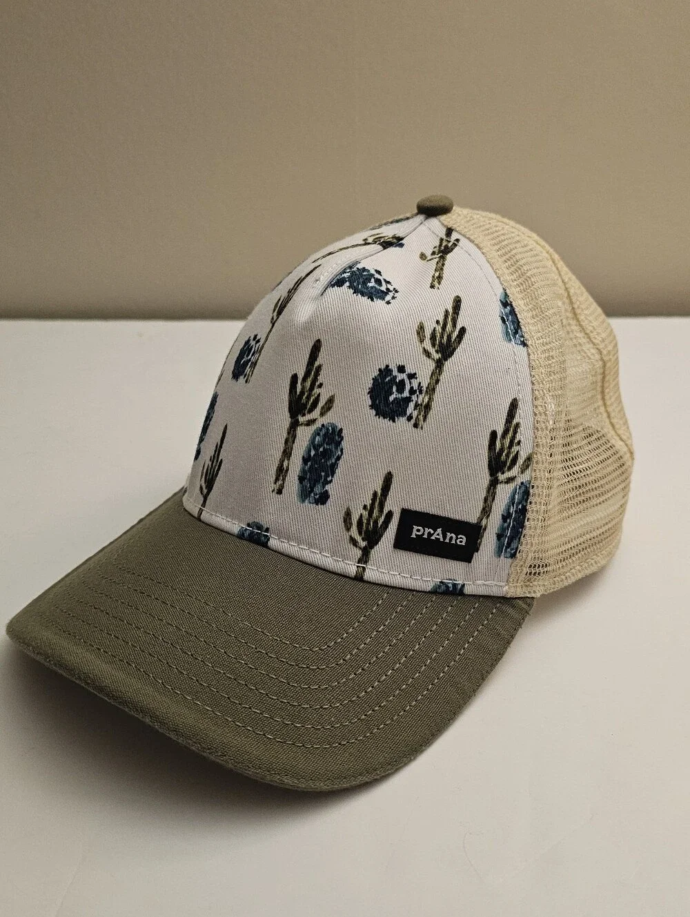 Prana Lower Pines Trucker Hat in Olive, Cream & Blue Cactus Print